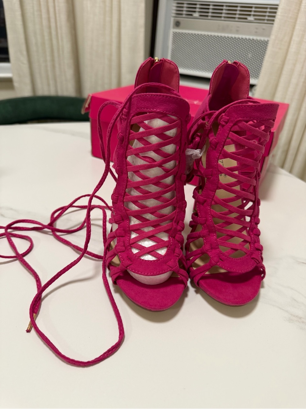 Shoe Dazzle Fuchsia Lace-Up Peep Toe Heels
